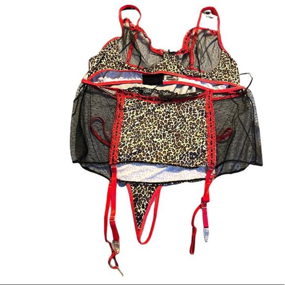 NWT Fantasy Red Trimmed Leopard Piece Bra and Panty Set - Picture 1 of 4
